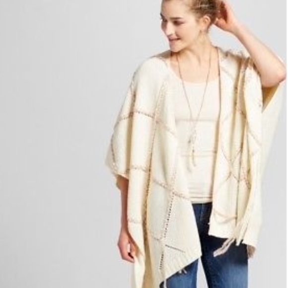 Knox Rose Sweaters - Knox Rose Oversized Poncho Ivory/Cream and Pink